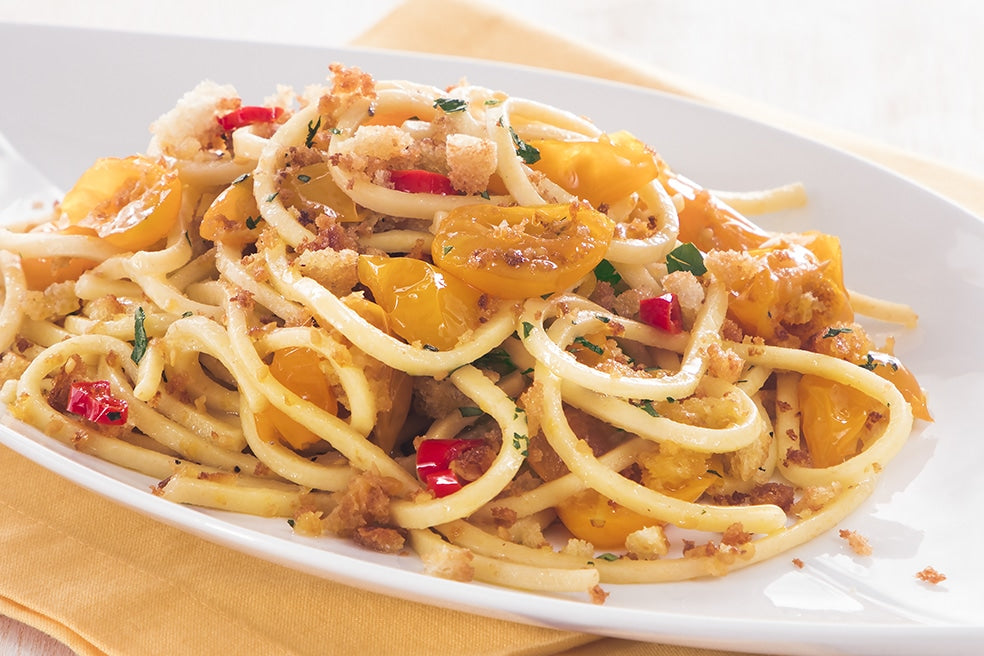 Vermicelli Pasta With Anchovies, Yellow Datterino Tomatoes and Bread Crumbs
